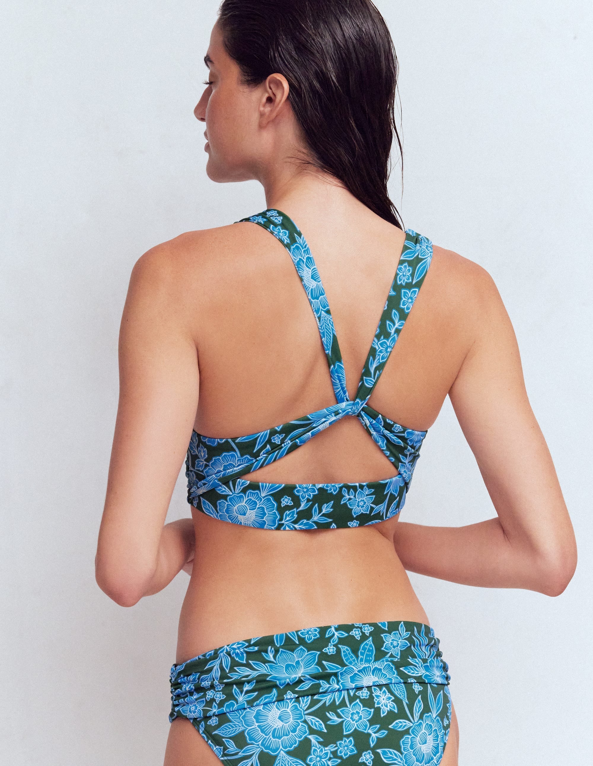 Mykonos Deep V Bikini Top-Dark Green, Ocean Blossom