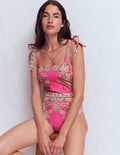 Bow Tie Shoulder Swimsuit-Sangria Sunset, Blossom
