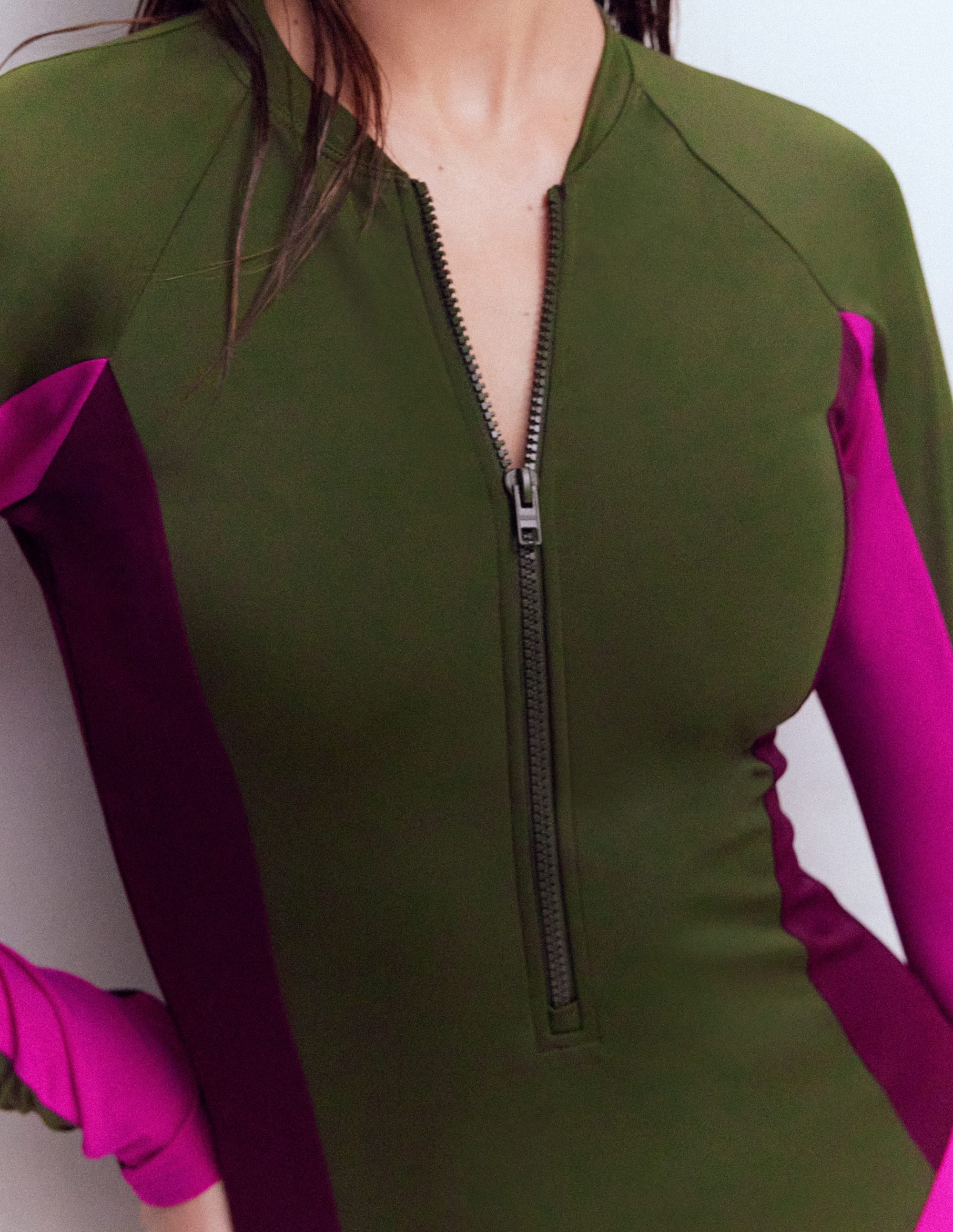 Rash Guard Swimsuit-Khaki, Colourblock
