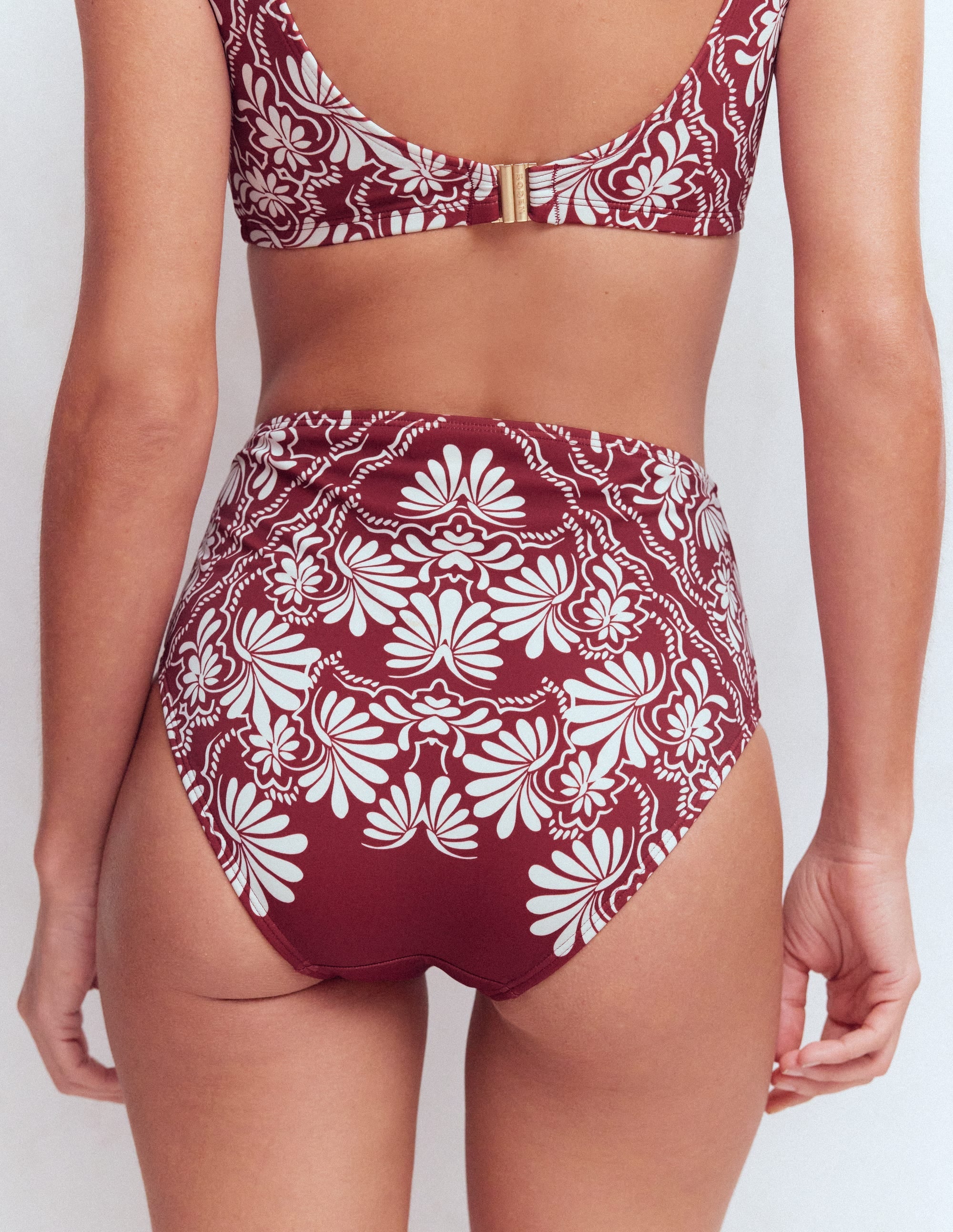 High Waisted Bikini Bottoms-Maroon, Botanical Charm