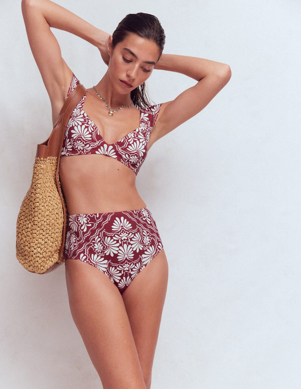 High Waisted Bikini Bottoms-Maroon, Botanical Charm
