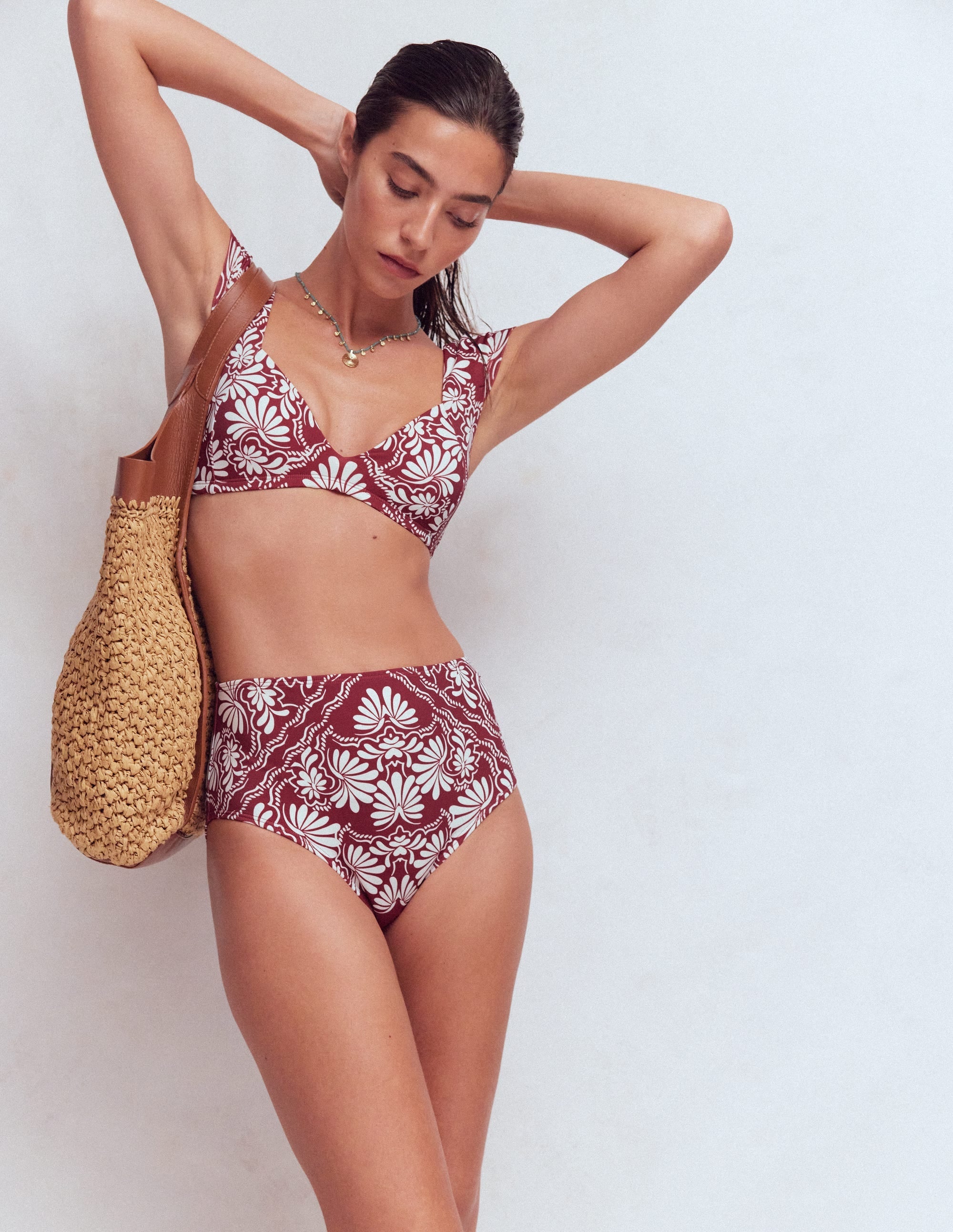 High Waisted Bikini Bottoms-Maroon, Botanical Charm