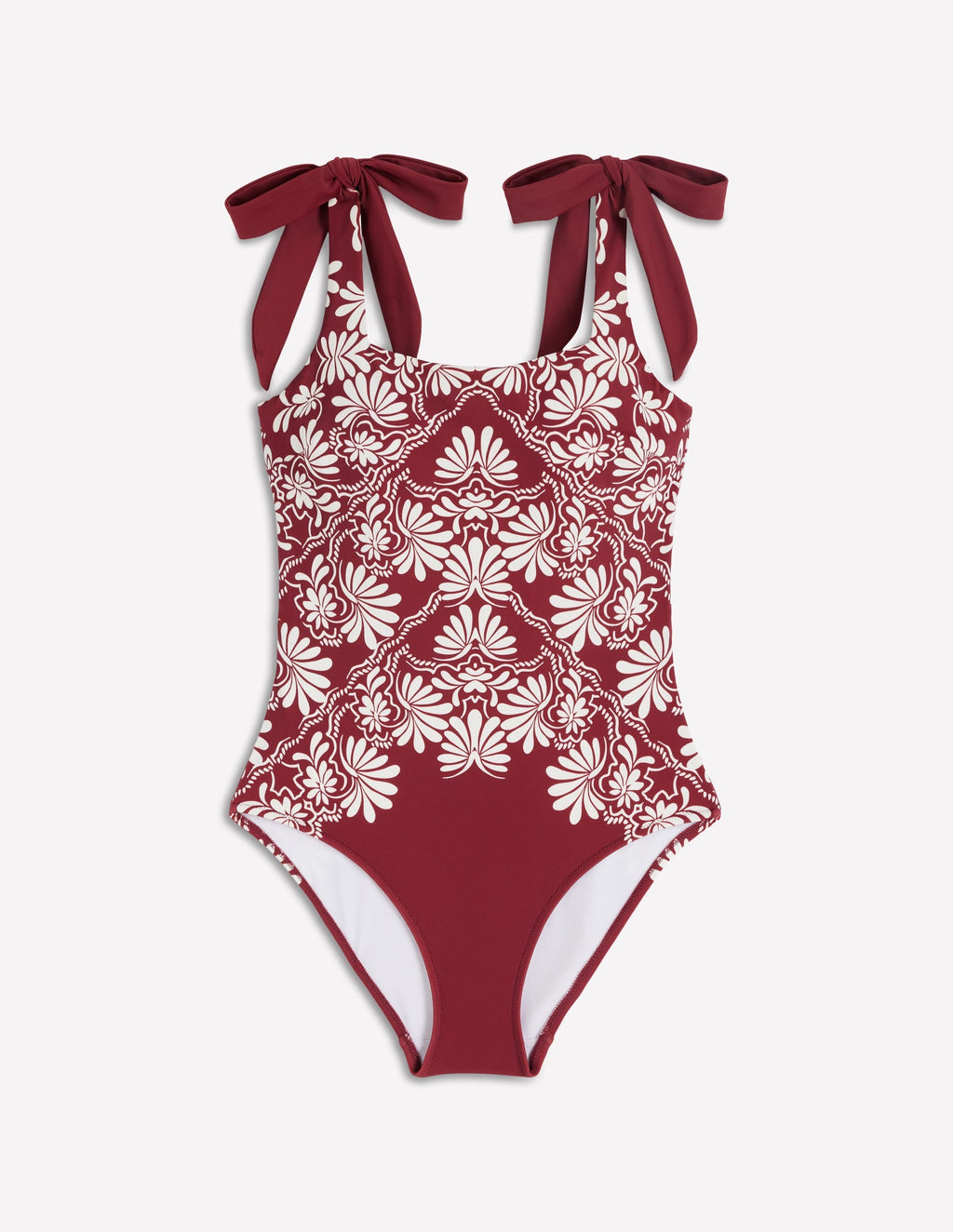 Bow Tie Shoulder Swimsuit-Maroon, Botanical Charm